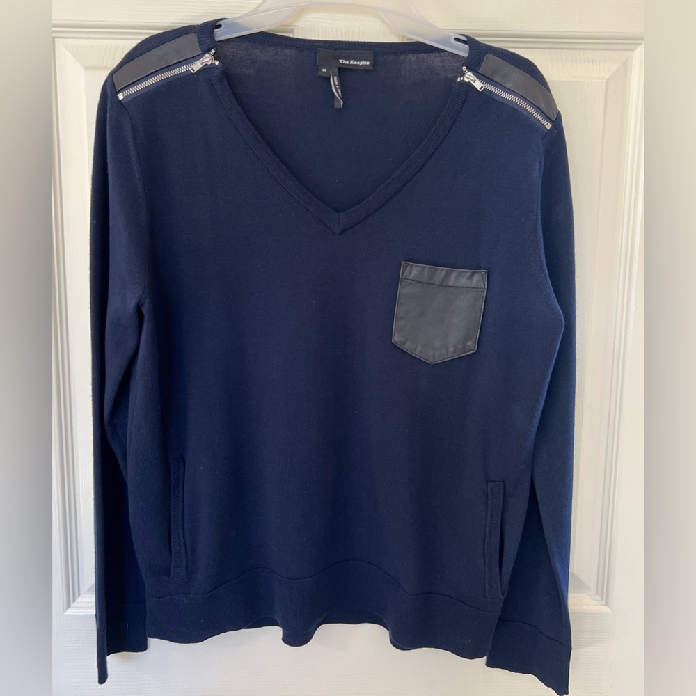 The Kooples Merino Wool Sweater Navy V-Neck Zip Shoulder Leather Trim Parisian